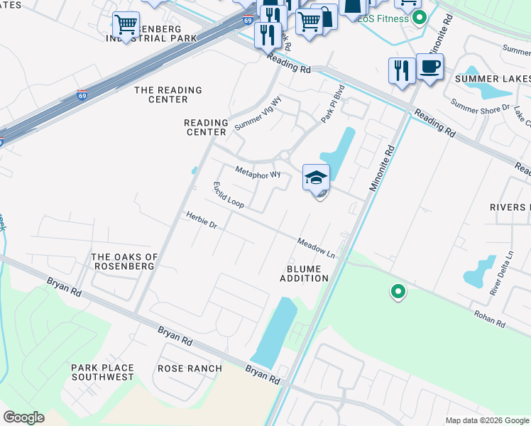 map of restaurants, bars, coffee shops, grocery stores, and more near 1126 Mysterium Lane in Rosenberg