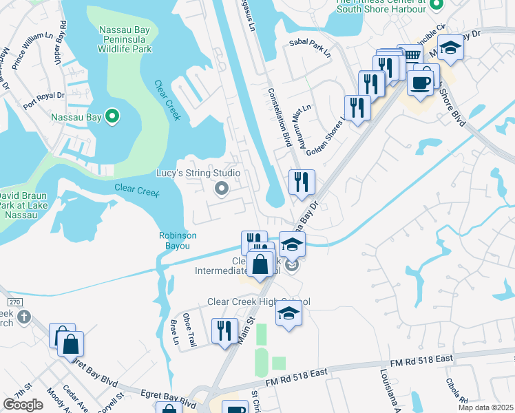 map of restaurants, bars, coffee shops, grocery stores, and more near Signature Point Drive in League City