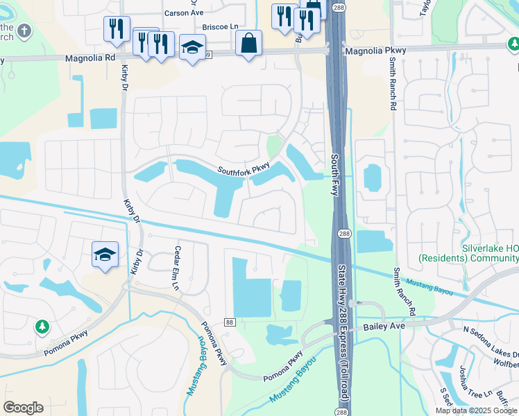 map of restaurants, bars, coffee shops, grocery stores, and more near 3011 Longhorn Circle in Manvel