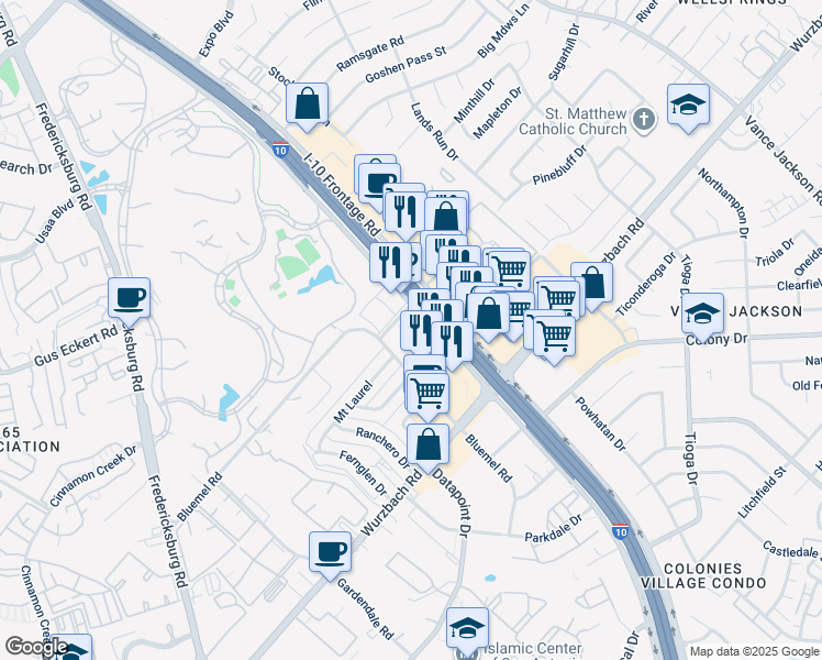 map of restaurants, bars, coffee shops, grocery stores, and more near McDermott Fwy in San Antonio