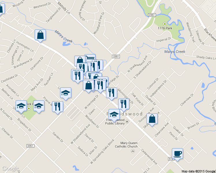 map of restaurants, bars, coffee shops, grocery stores, and more near 111 E Heritage Dr in Friendswood