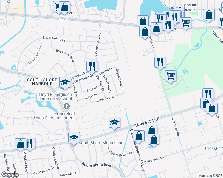 map of restaurants, bars, coffee shops, grocery stores, and more near 136 Lake Point Drive in League City