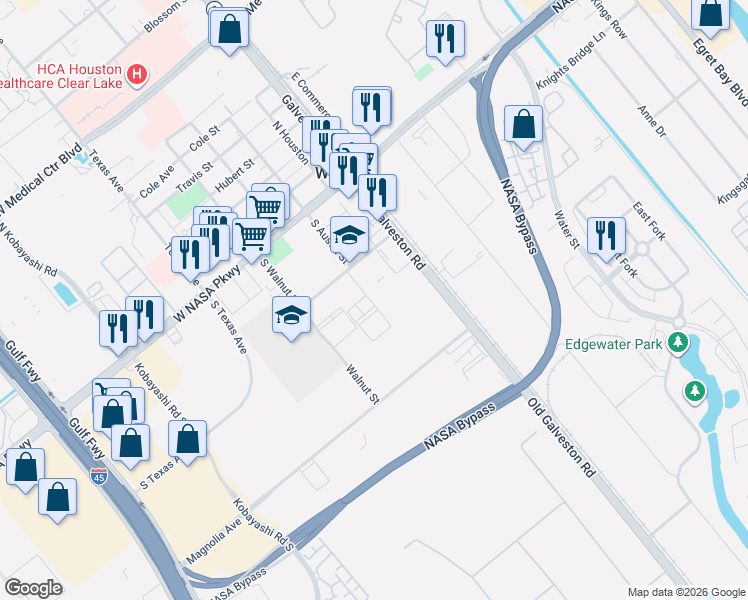 map of restaurants, bars, coffee shops, grocery stores, and more near 427 South Austin Street in Webster