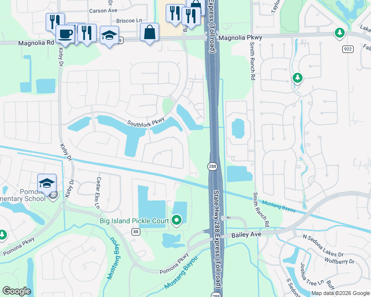map of restaurants, bars, coffee shops, grocery stores, and more near 3203 Longhorn Circle in Manvel