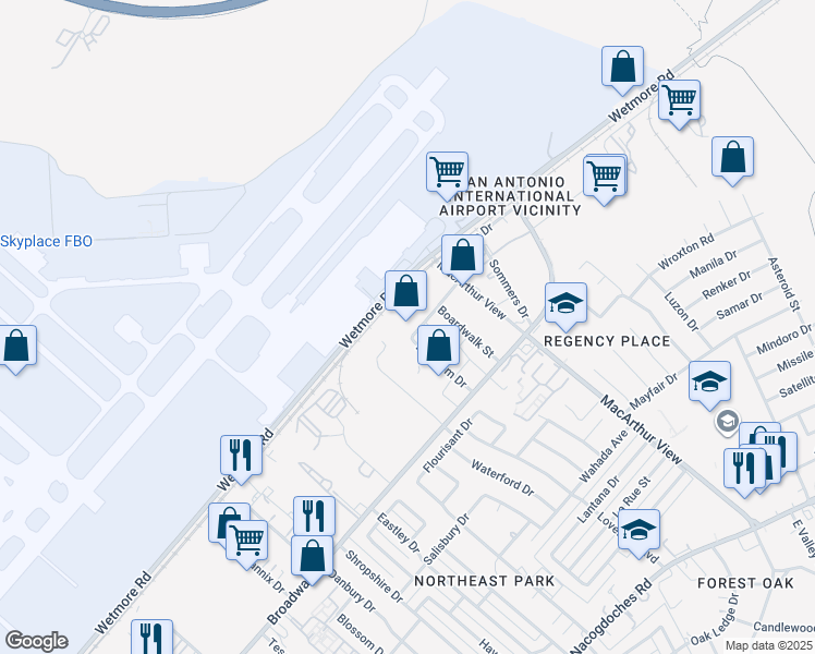 map of restaurants, bars, coffee shops, grocery stores, and more near 10203 Kotzebue Street in San Antonio