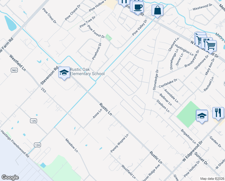 map of restaurants, bars, coffee shops, grocery stores, and more near 1121 Chesterwood Drive in Pearland