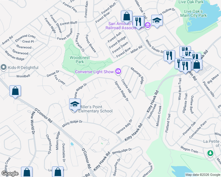 map of restaurants, bars, coffee shops, grocery stores, and more near 7315 Corum Ridge Drive in Converse