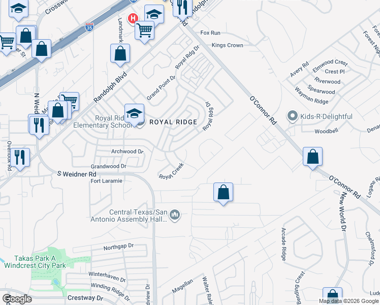 map of restaurants, bars, coffee shops, grocery stores, and more near 6043 Royal Ridge in San Antonio