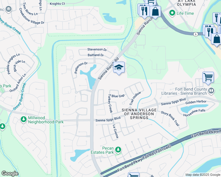 map of restaurants, bars, coffee shops, grocery stores, and more near 7407 Pony Creek in Missouri City