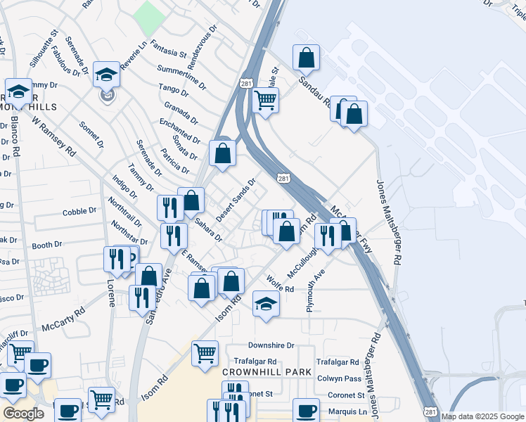 map of restaurants, bars, coffee shops, grocery stores, and more near 601 Oasis Drive in San Antonio
