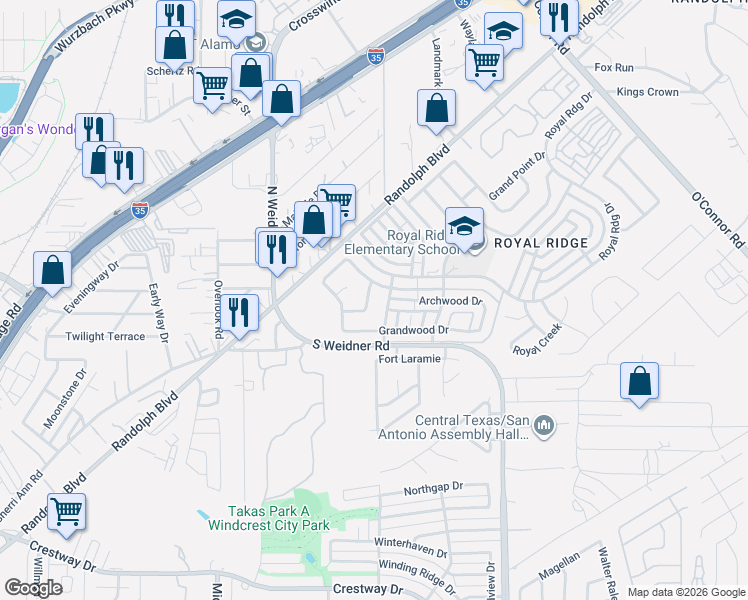 map of restaurants, bars, coffee shops, grocery stores, and more near 10339 Grand Club in San Antonio