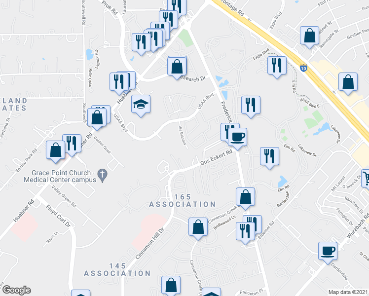 map of restaurants, bars, coffee shops, grocery stores, and more near 9711 Via Belcara in San Antonio