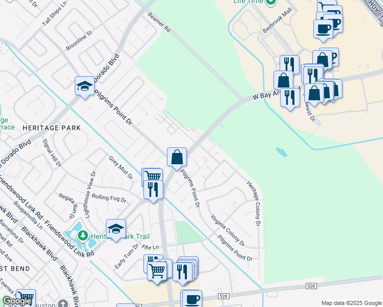 map of restaurants, bars, coffee shops, grocery stores, and more near 17 Bay Area Boulevard in Webster