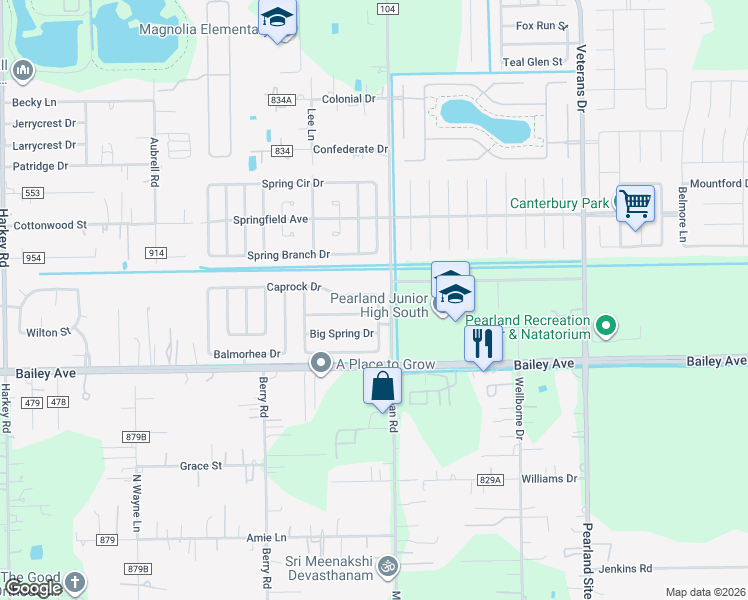 map of restaurants, bars, coffee shops, grocery stores, and more near 4103 Mustang Road in Pearland