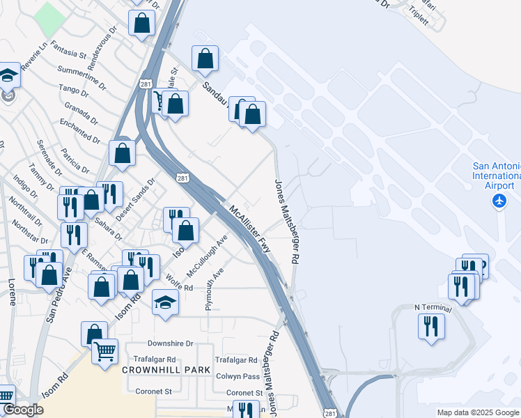 map of restaurants, bars, coffee shops, grocery stores, and more near 10001 Reunion Place in San Antonio