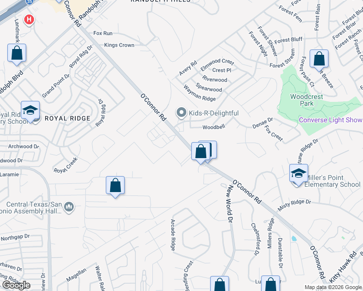 map of restaurants, bars, coffee shops, grocery stores, and more near 10445 O'Connor Road in San Antonio