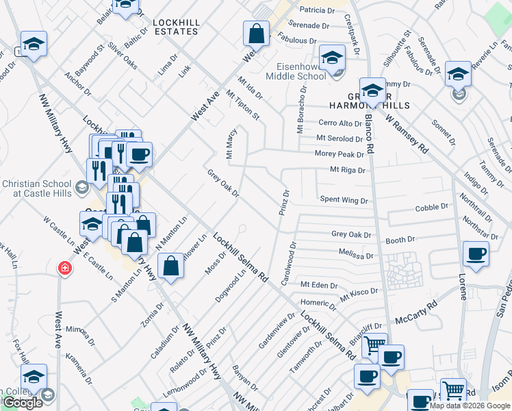 map of restaurants, bars, coffee shops, grocery stores, and more near 1339 Grey Oak Drive in San Antonio