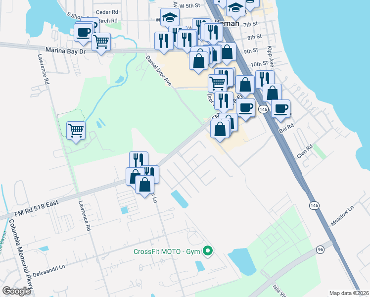 map of restaurants, bars, coffee shops, grocery stores, and more near 610 Oak Briar Drive in Kemah
