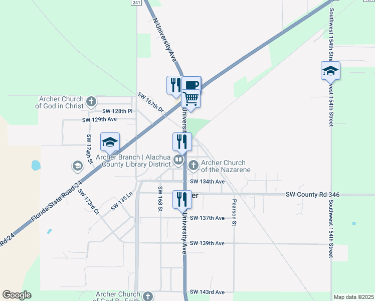 map of restaurants, bars, coffee shops, grocery stores, and more near 306 North University Avenue in Archer