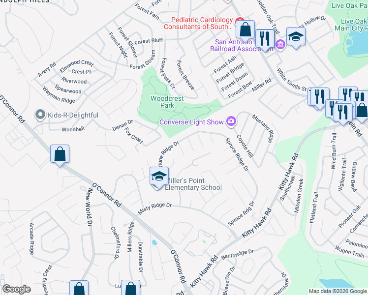 map of restaurants, bars, coffee shops, grocery stores, and more near 10014 Bluelake Ridge Drive in Converse