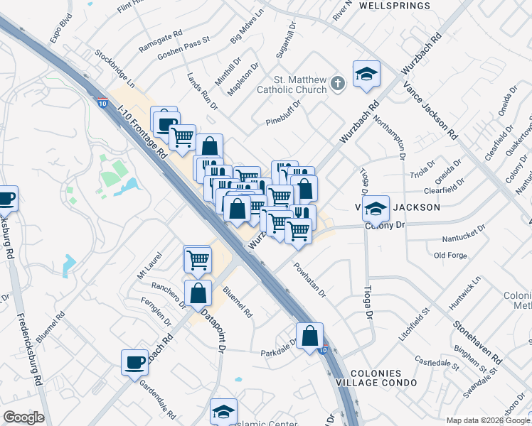 map of restaurants, bars, coffee shops, grocery stores, and more near 10057 Wurzbach Road in San Antonio