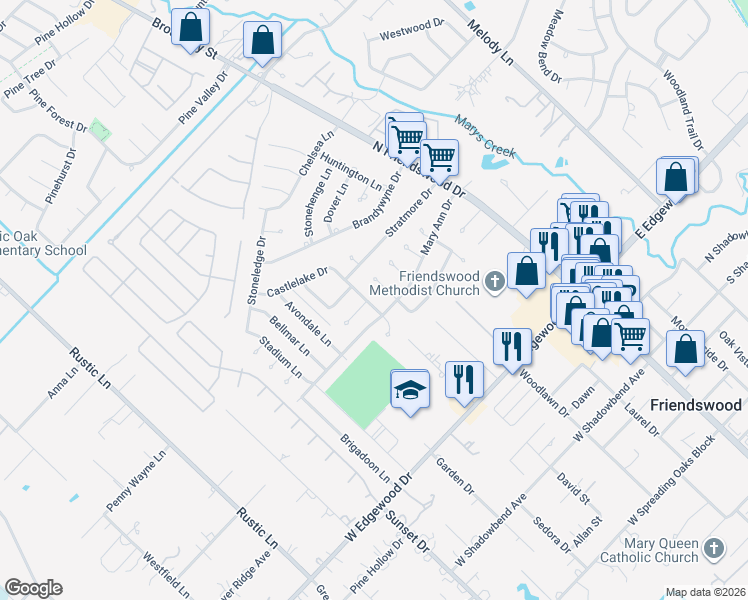 map of restaurants, bars, coffee shops, grocery stores, and more near 500 Portage Lane in Friendswood
