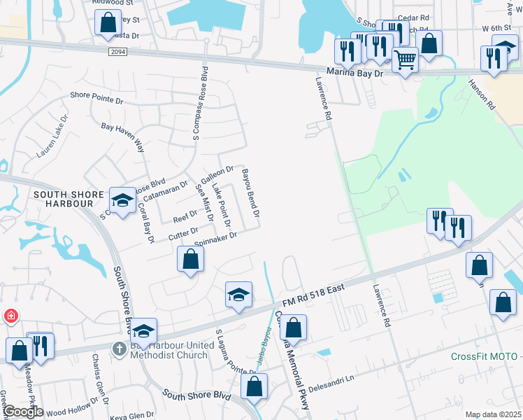 map of restaurants, bars, coffee shops, grocery stores, and more near 138 Bayou Bend Drive in League City