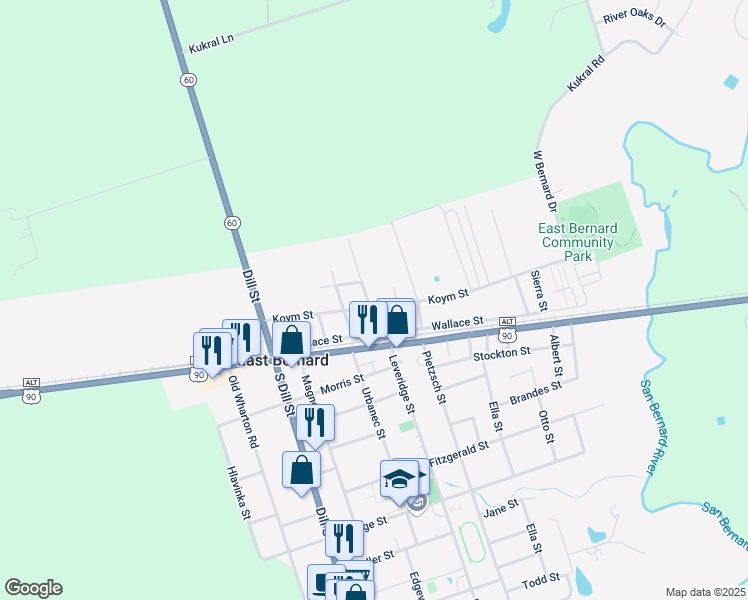 map of restaurants, bars, coffee shops, grocery stores, and more near 206 Ray Street in East Bernard