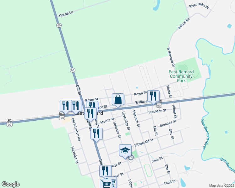 map of restaurants, bars, coffee shops, grocery stores, and more near 206 Ray Street in East Bernard