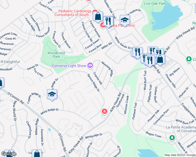 map of restaurants, bars, coffee shops, grocery stores, and more near 7400 Rocky Trail in Converse