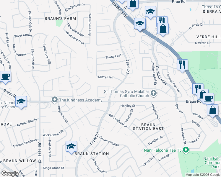 map of restaurants, bars, coffee shops, grocery stores, and more near 8903 Breanna Oaks in San Antonio