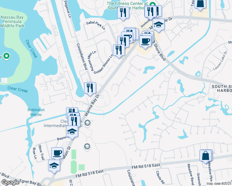 map of restaurants, bars, coffee shops, grocery stores, and more near 2311 Fairway Pointe Drive in League City