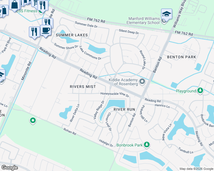 map of restaurants, bars, coffee shops, grocery stores, and more near 603 Valley Ridge Drive in Rosenberg