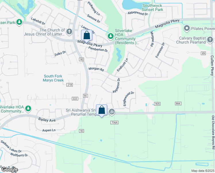 map of restaurants, bars, coffee shops, grocery stores, and more near 3714 Parkshire Drive in Pearland