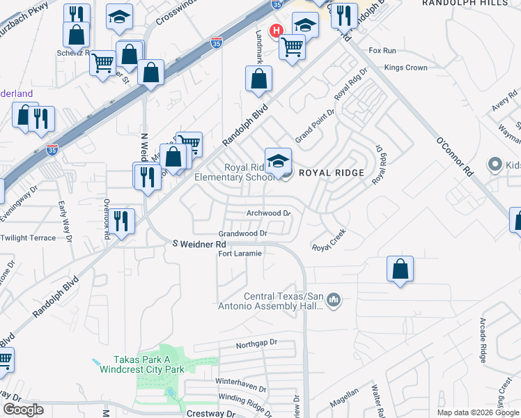 map of restaurants, bars, coffee shops, grocery stores, and more near 5907 Archwood in San Antonio