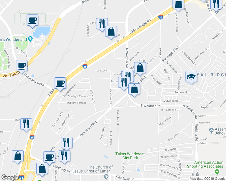 map of restaurants, bars, coffee shops, grocery stores, and more near 118 Suddith Drive in San Antonio