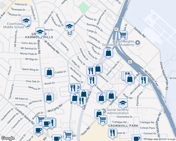 map of restaurants, bars, coffee shops, grocery stores, and more near in San Antonio