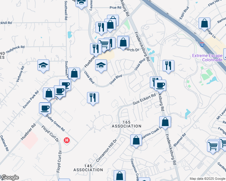 map of restaurants, bars, coffee shops, grocery stores, and more near 4980 USAA Boulevard in San Antonio