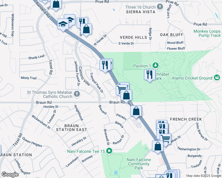 map of restaurants, bars, coffee shops, grocery stores, and more near 9603 Bandera Road in San Antonio