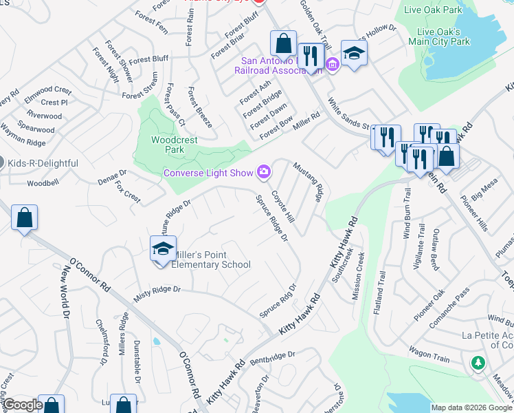 map of restaurants, bars, coffee shops, grocery stores, and more near 7315 Corum Ridge Drive in Converse
