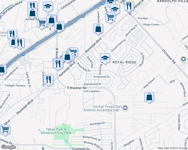 map of restaurants, bars, coffee shops, grocery stores, and more near 5827 Archwood Drive in San Antonio