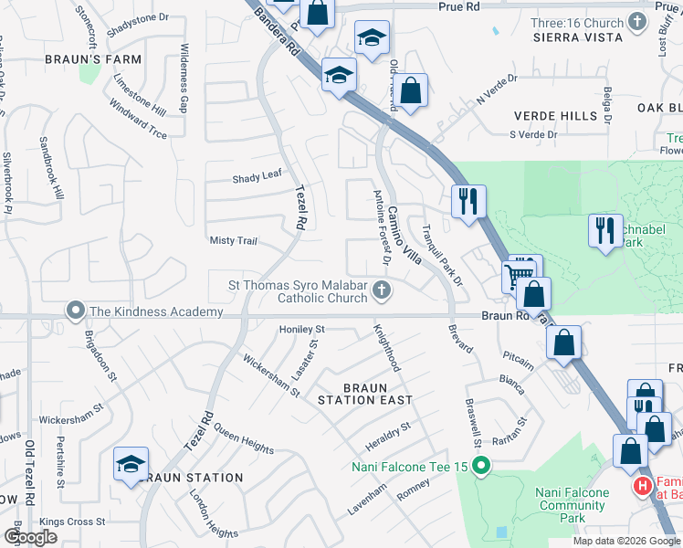 map of restaurants, bars, coffee shops, grocery stores, and more near 8706 Rustling Breeze in San Antonio