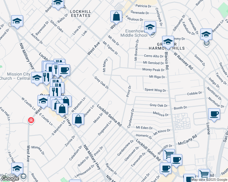 map of restaurants, bars, coffee shops, grocery stores, and more near 1339 Grey Oak Drive in San Antonio