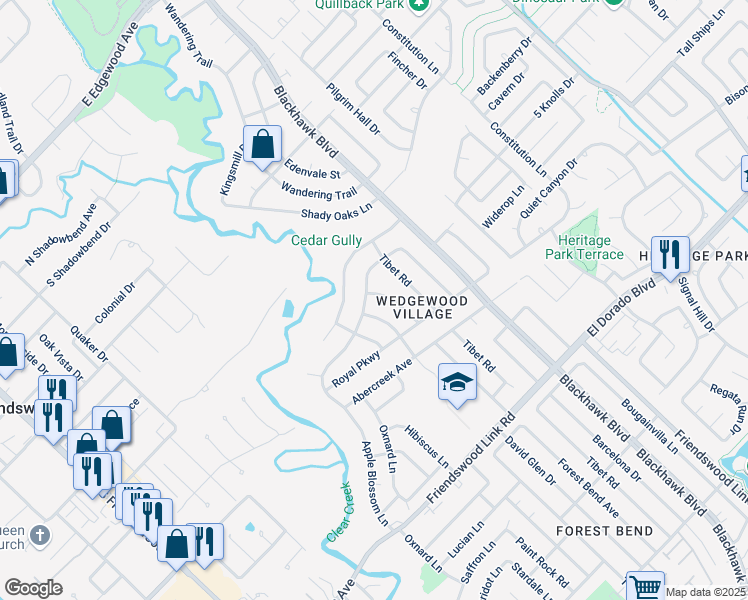map of restaurants, bars, coffee shops, grocery stores, and more near 16106 Forest Bend Avenue in Friendswood