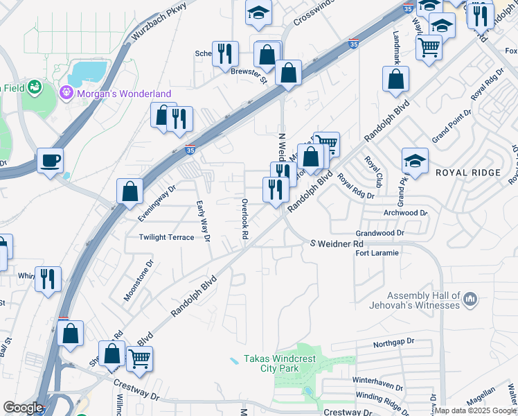 map of restaurants, bars, coffee shops, grocery stores, and more near 118 Suddith Drive in San Antonio