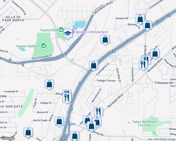 map of restaurants, bars, coffee shops, grocery stores, and more near 3935 Thousand Oaks in San Antonio