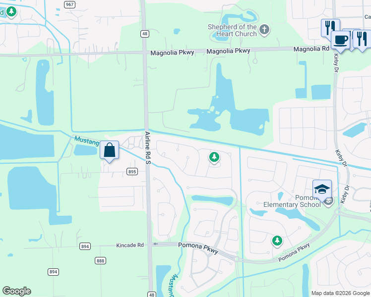 map of restaurants, bars, coffee shops, grocery stores, and more near 2116 Blackhawk Ridge Lane in Manvel