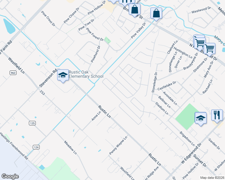 map of restaurants, bars, coffee shops, grocery stores, and more near 1121 Chesterwood Drive in Pearland