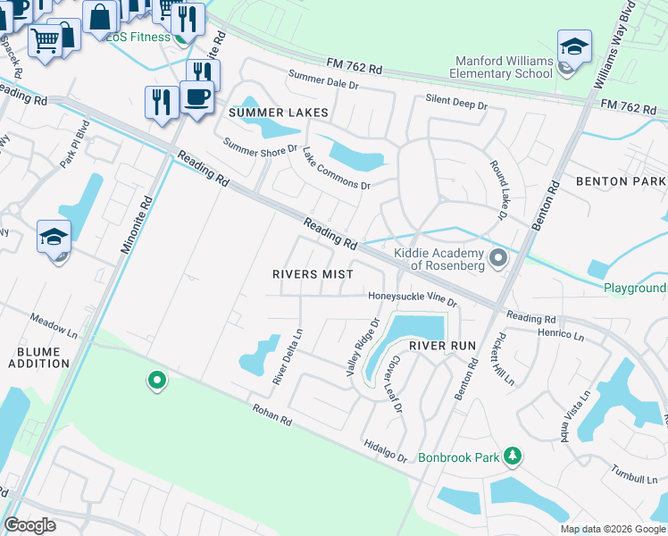 map of restaurants, bars, coffee shops, grocery stores, and more near 619 Stubbs Bend Drive in Rosenberg