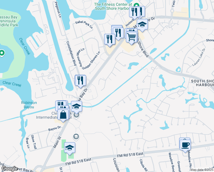 map of restaurants, bars, coffee shops, grocery stores, and more near 2311 Fairway Pointe Drive in League City